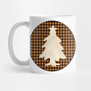 Christmas tree silhouette over a black and orange tile pattern Mug